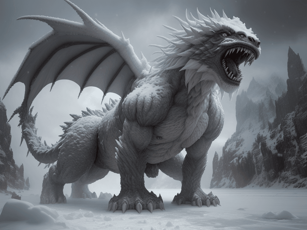 AI generated: an enormous snow monster is standing on the ice, in the style of epic fantasy scenes, manticore, exp...