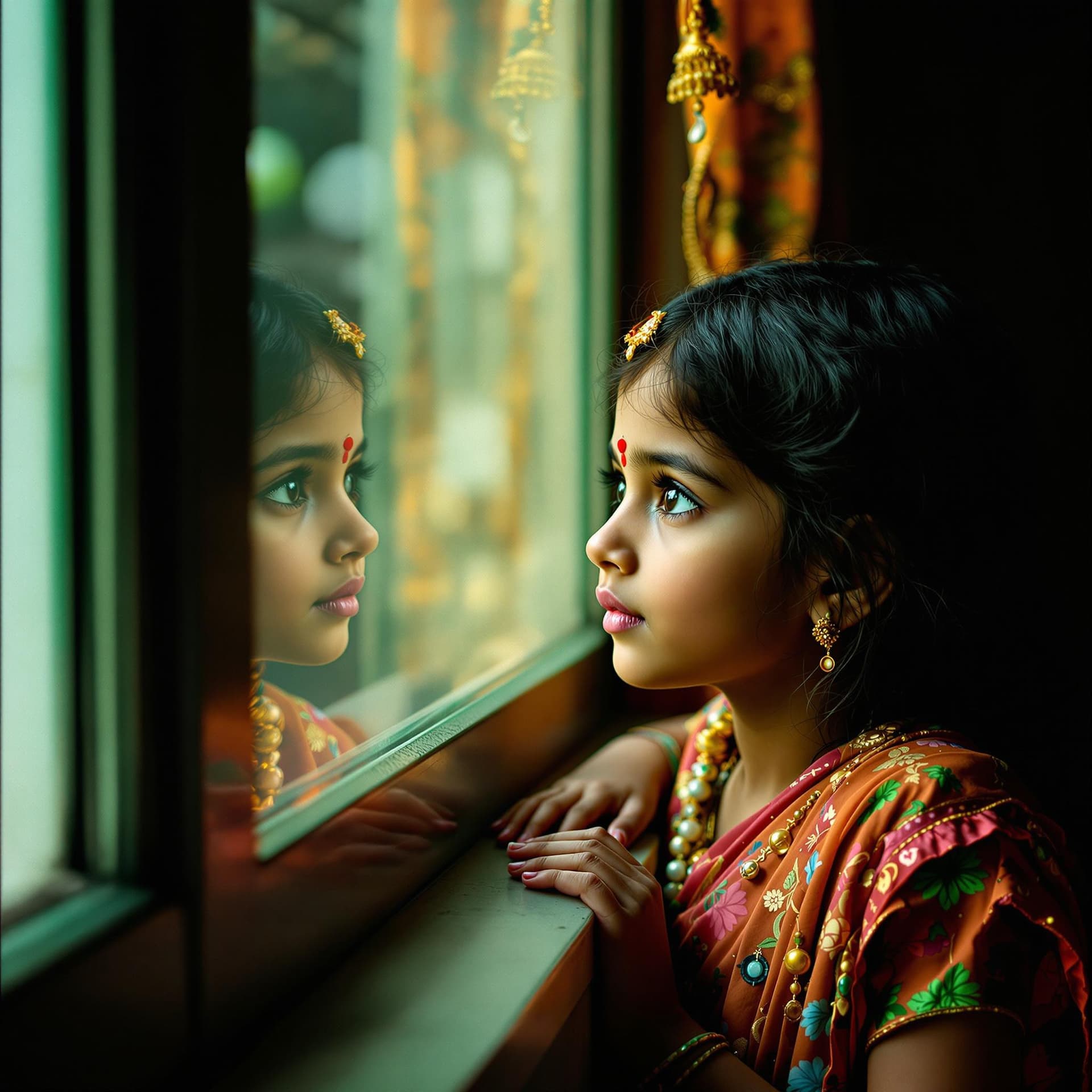 AI generated: the little Indian girl looking out the window, in the style of distinctive noses, manipulated photog...