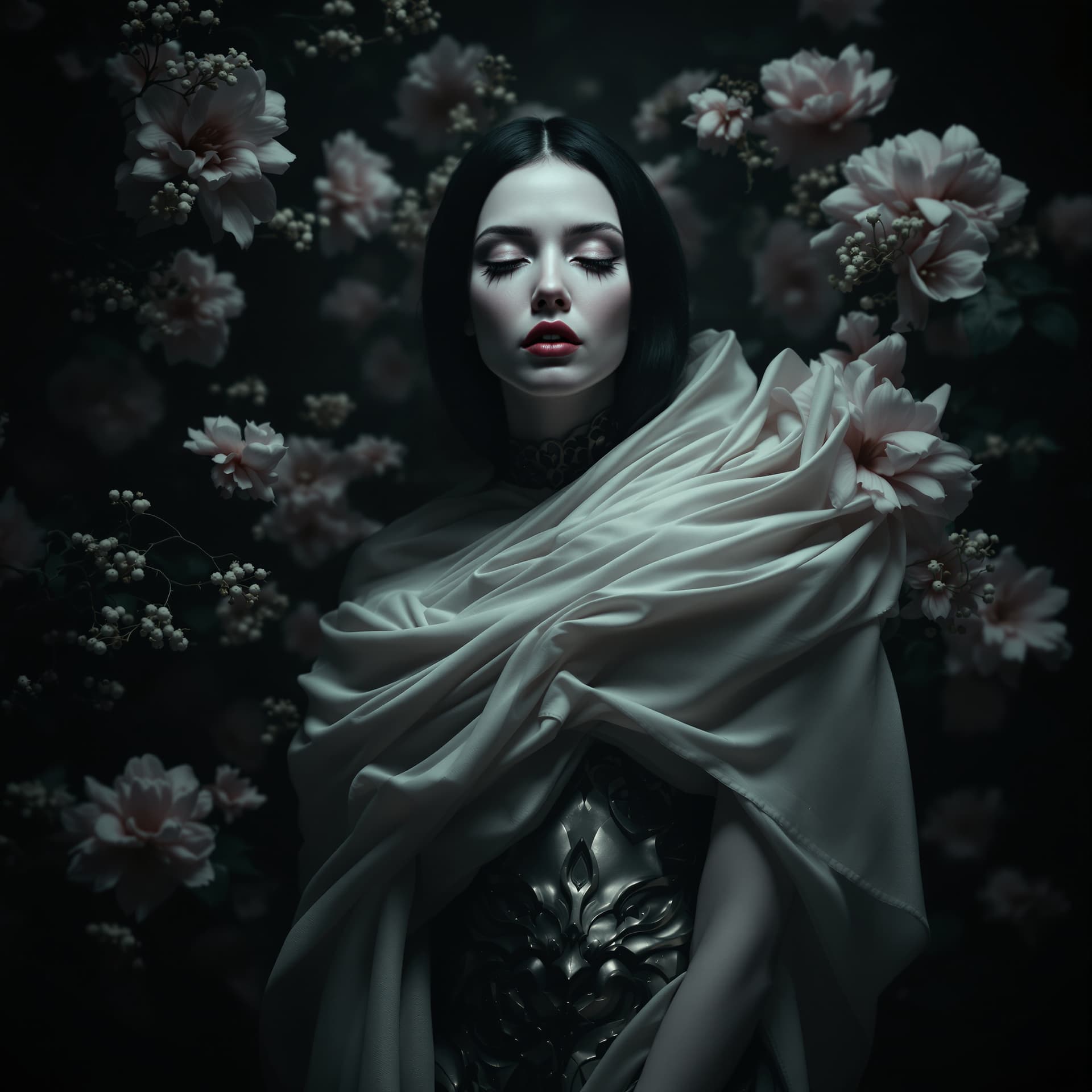 AI generated: 
surreal fashion shot of a woman with her face partially erased or blurred, standing in a dark flor...