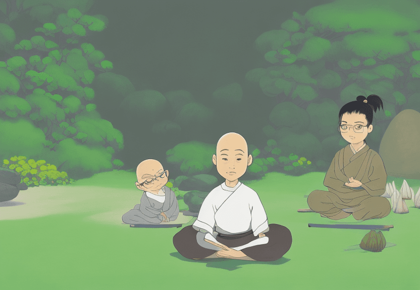 AI generated: create a painting of a zen master sitting in front of a young warrior boy standing and teaching him,...