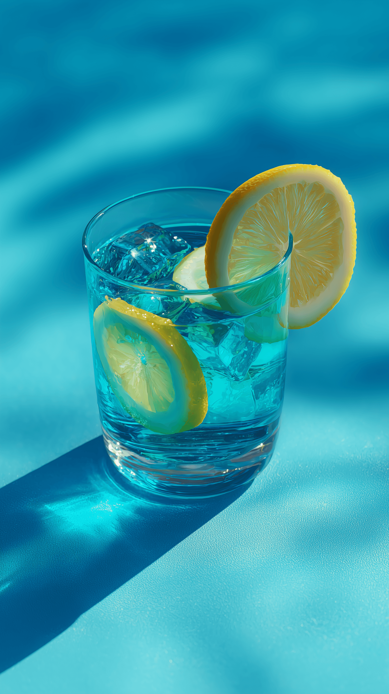 AI generated: photography, blue, summer, one cool blue lemonaid with ice, isolated layout, realistic light, rich d...