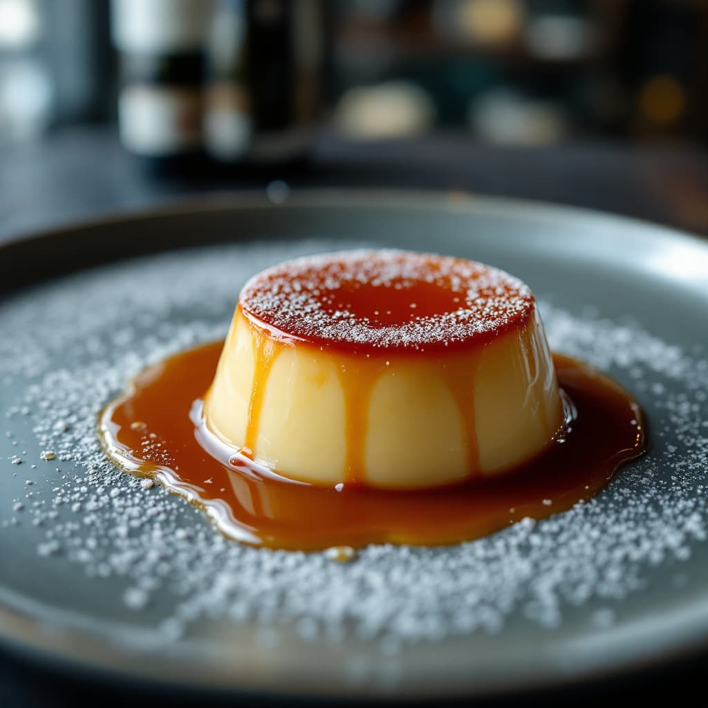 AI generated: 
Capture a delicious  flan with caramel in close-up, exuding tempting appeal, at a 3 MICHELIN star r...