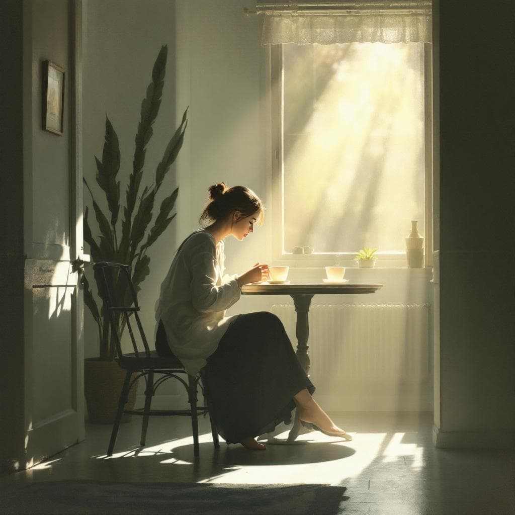 AI generated: A quiet morning scene inspired by Edward Hopper — a soft beam of sunlight pouring through a window, ...