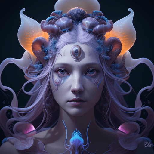 AI generated: Goddess close-up portrait ribcagel. jellyfish phoenix head, nautilus, orchid, skull, betta fish, bio...