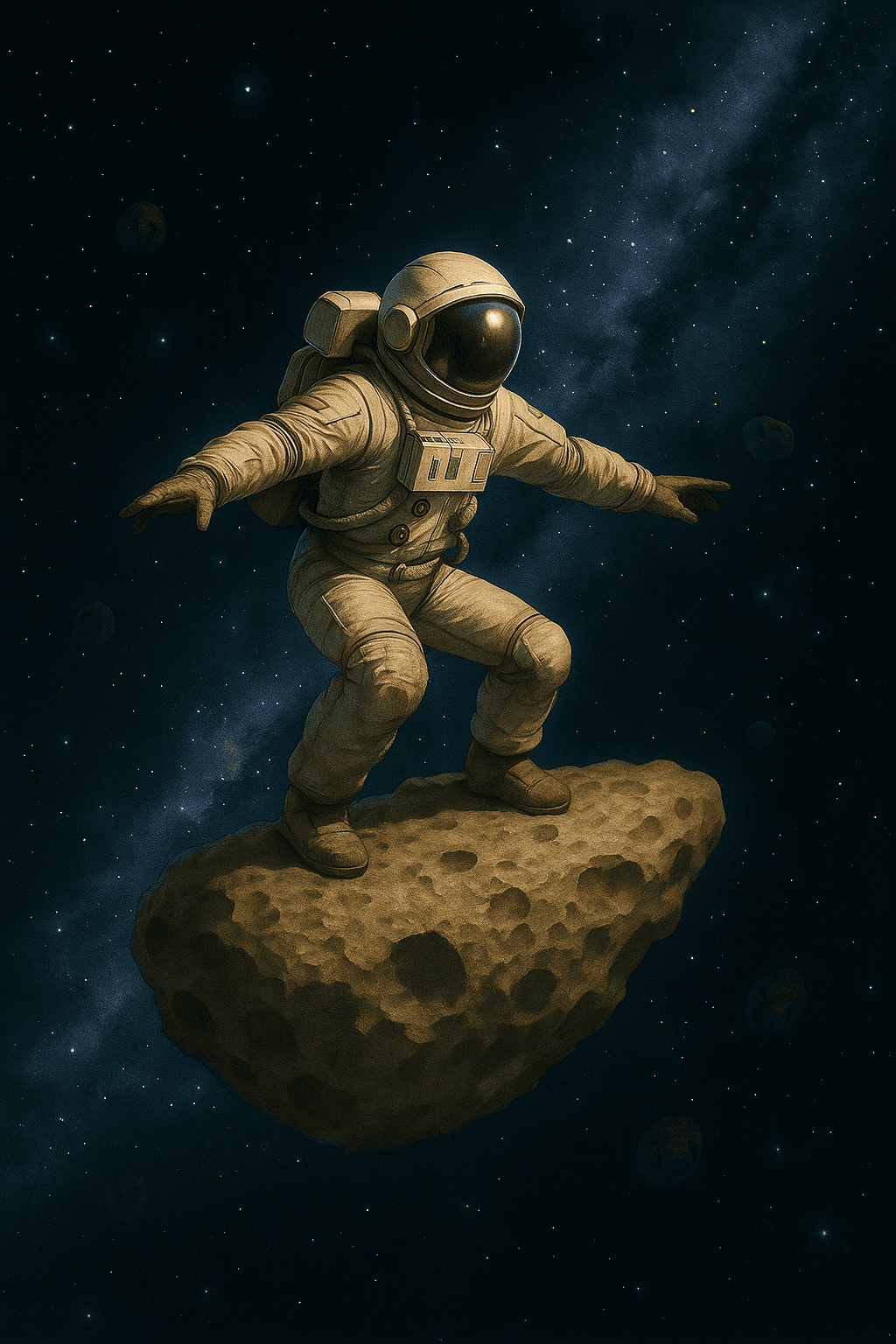 AI generated: make a astronaut surfing on an asteroid through space  
