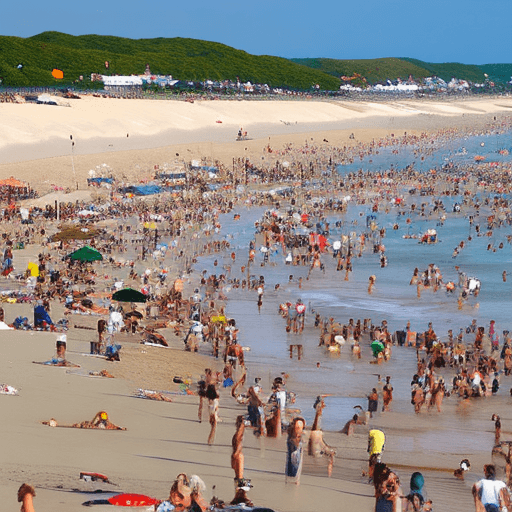 AI generated: White blonde girl with white biquini on a beach full of people looking at her