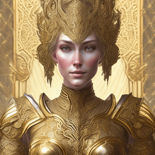 AI generated: beautiful strong woman in a shining golden armor (intricate design golden armor), offset printing, f...