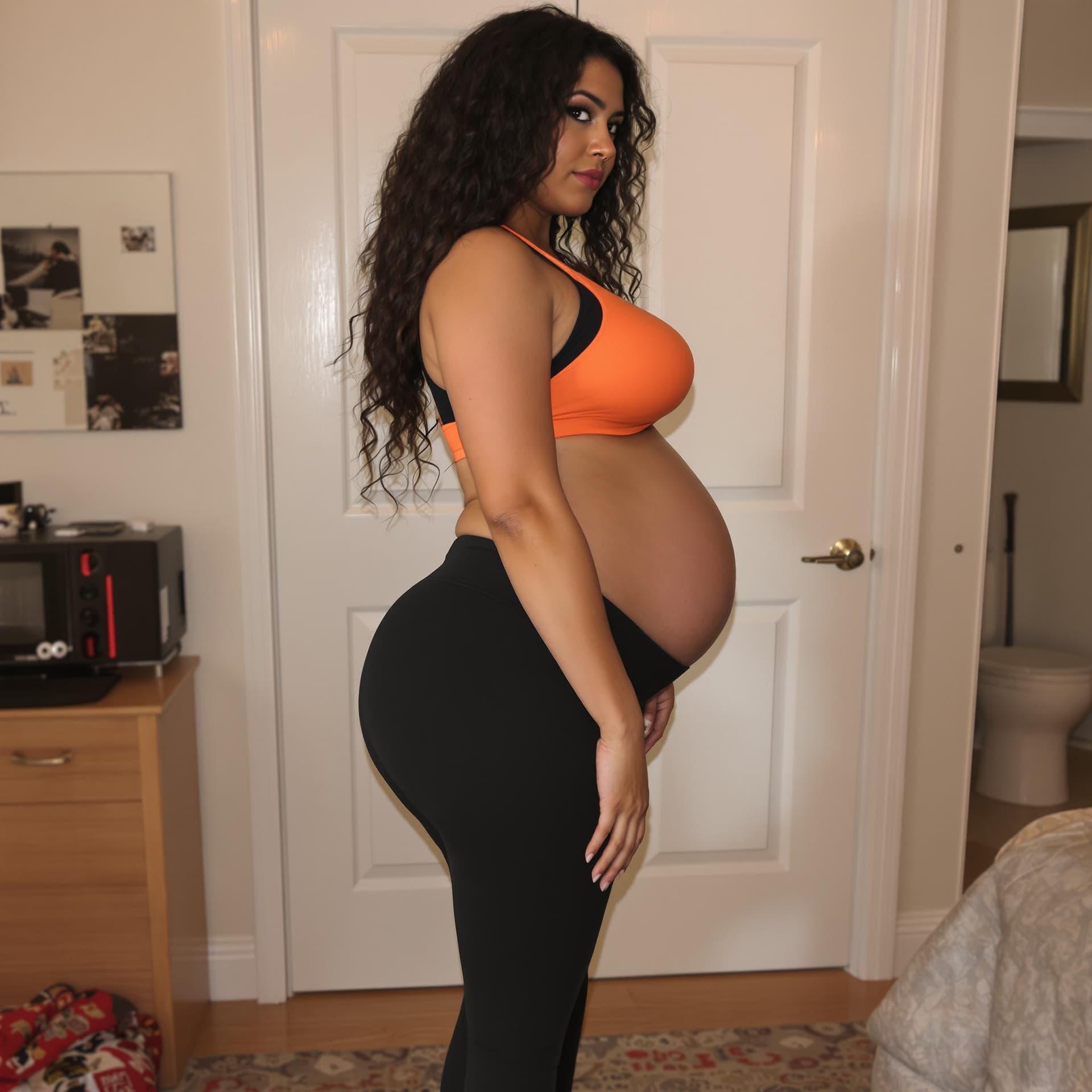 AI generated: Beautiful Latina woman with long curly hair. She is wearing an orange gym bra, which barely covers h...