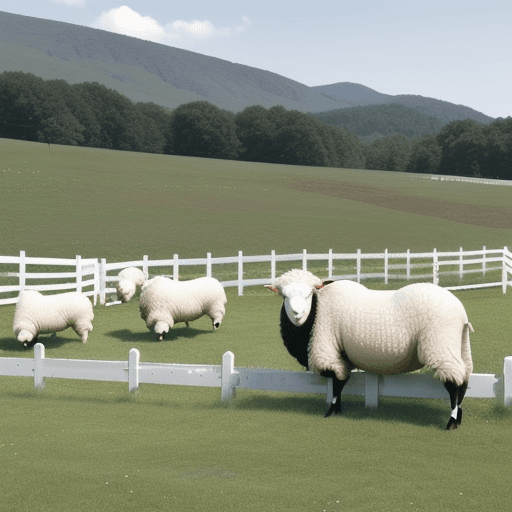 AI generated:  several "white sheep" grazing in a green field, in the "background" a "black sheep" jumping over a ...