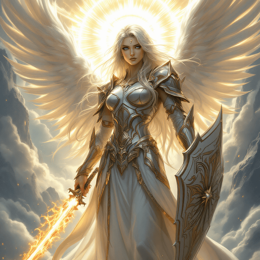 AI generated: 1. The Seraphim of Reckoning: A celestial warrior with long, platinum blonde hair styled in a dramat...
