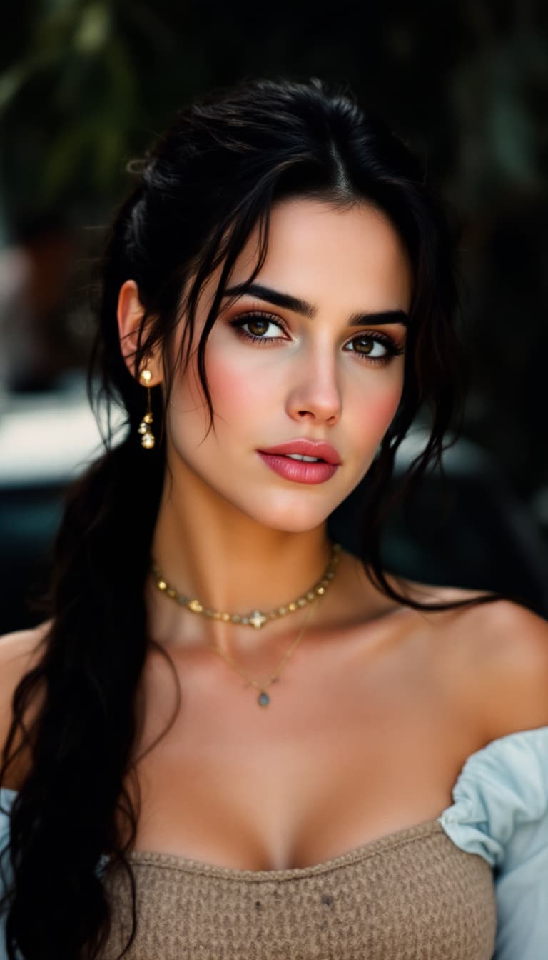 AI generated: 80's Polarized photo , Jennifer Connelly,ponytail hairstyle, feeling.