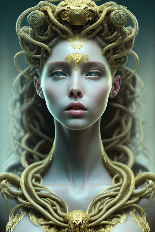 AI generated: mdjrny-v4 style Medusa, greek mythology, young female face, green aesthetic, young female face, gold...