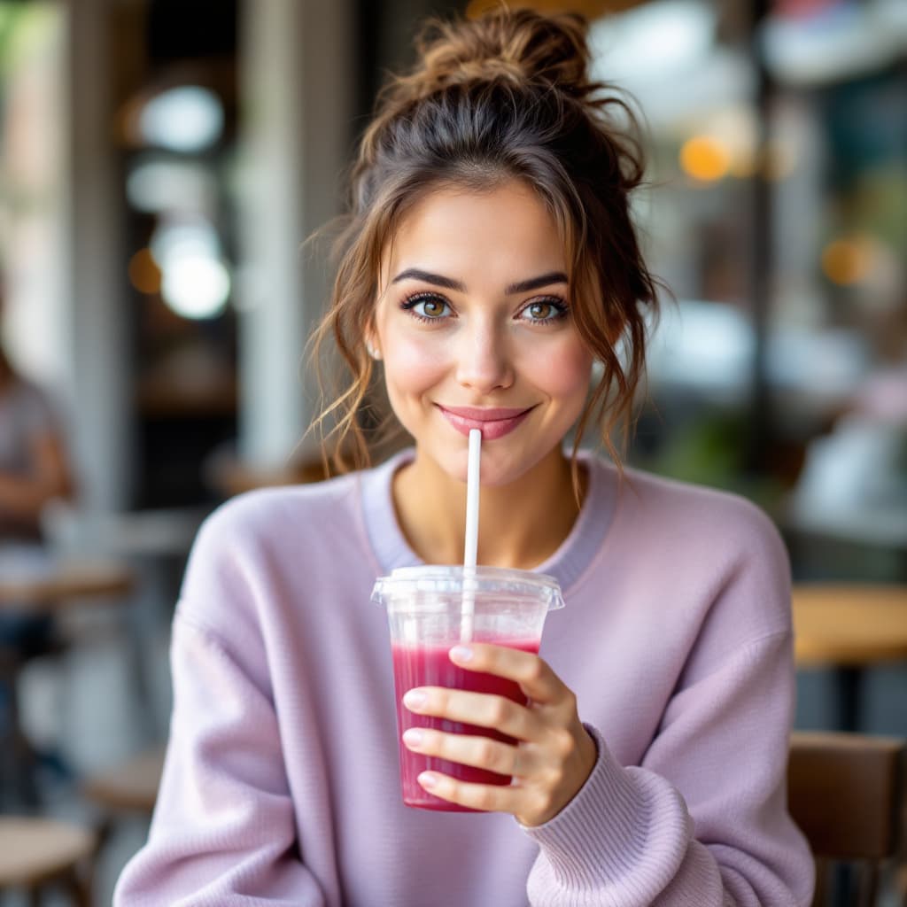 AI generated: A woman sitting outdoors, sipping a drink from a transparent cup with a straw,grape juice, wearing a...