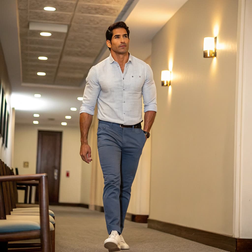 AI generated: "The Latino man  with abs and fit, stands up confidently from his seat and walks steadily towards th...