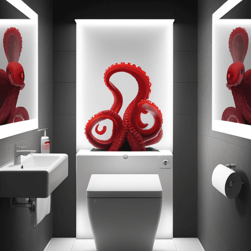 AI generated: red octopus ::1 reading the newspaper sit on a toilet, white lights, white tones, white wall, mirror...