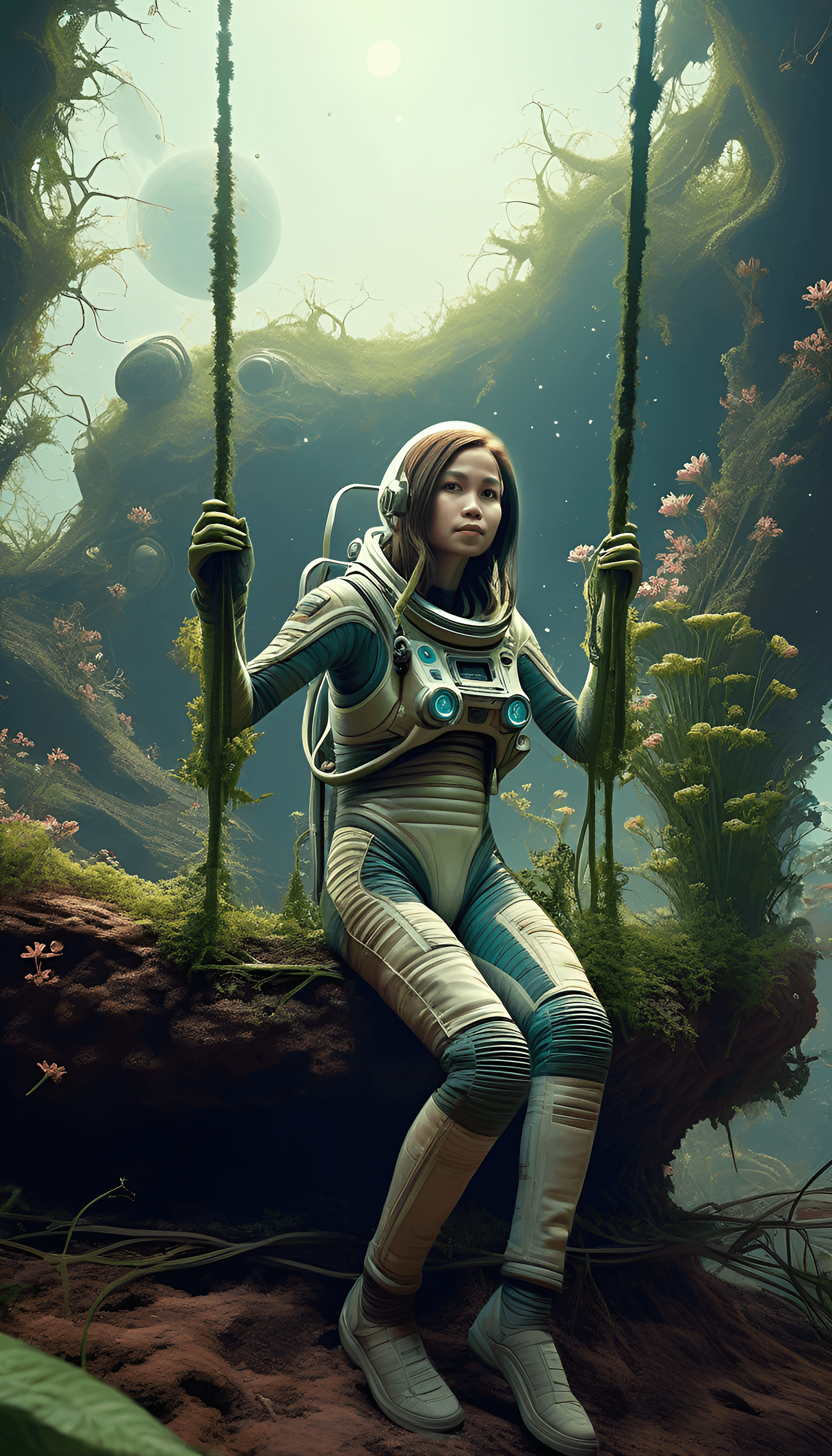 AI generated: A poignant sci-fi scene showing an astronaut who has been sitting on the ground of an alien planet f...