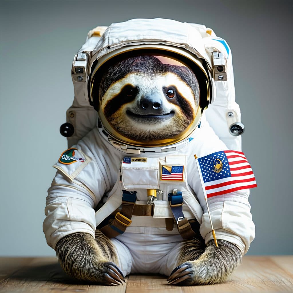 AI generated: realistic, ((Masterpiece, best quality) ), cute sloth in astronaut suit with costa rican flag on arm...