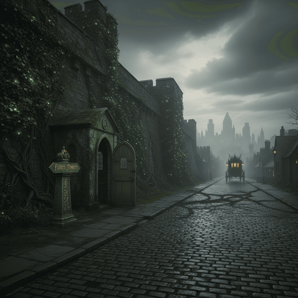 AI generated: 
A cobbled street leading to the heart of London, with a milestone or sign indicating "Fleet Street...