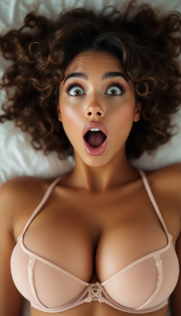 AI generated: A woman lingerie lying on bed with brown skin and curly hair is opening her mouth wide in surprise. ...