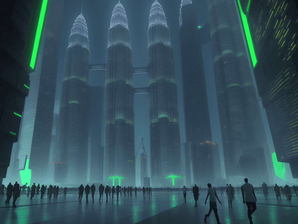 AI generated: High resolution teleporter, malaysia twin towers, people walking in,
futuristic, cyberworld, green a...