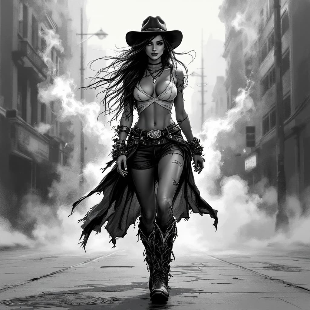 AI generated: A digital drawing of an urban cowgirl, full body, walking on the street, wearing cowboy boots and ha...