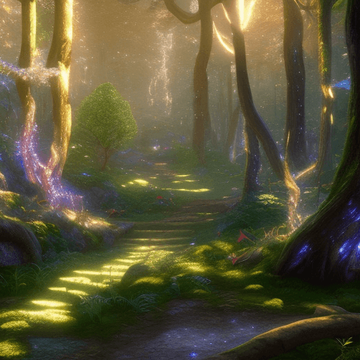 AI generated: Magical fresh fairy tale forest landscape, background with glowing lights, hyper realism, fantasy, r...