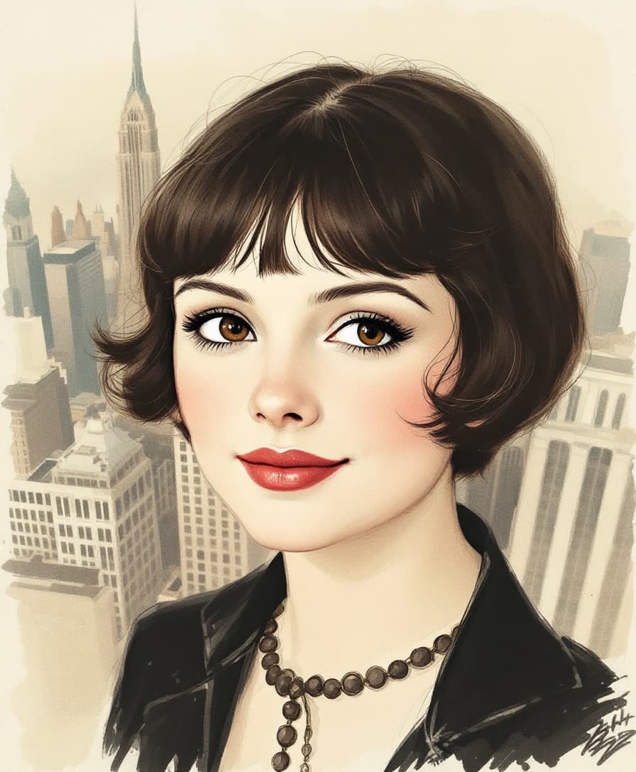 AI generated: The woman has short hair styled up in bangs, wearing vintage attire from around the early 20th centu...