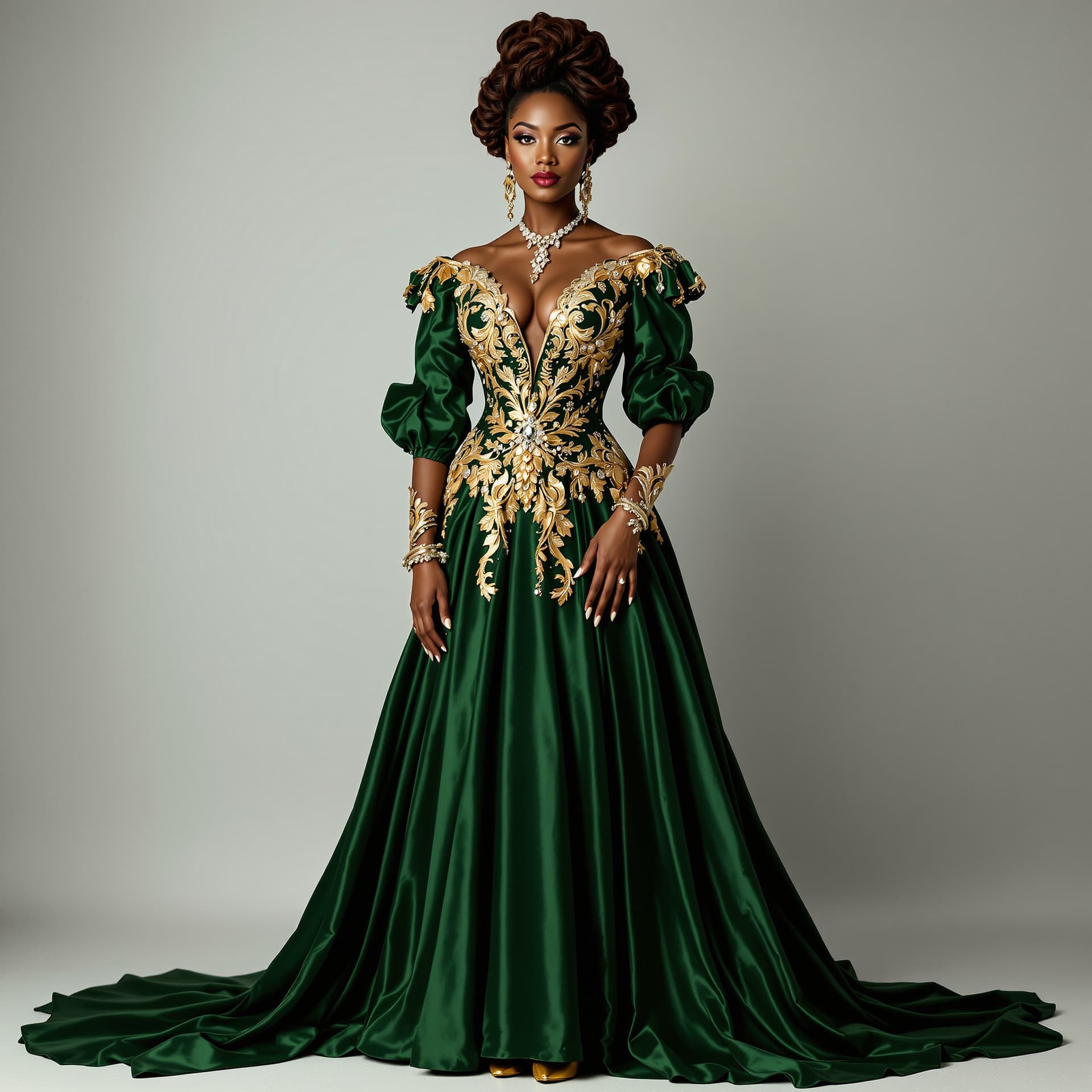 AI generated: A stunning African American woman dressed in Victorian-era fashion stands gracefully in full view ag...