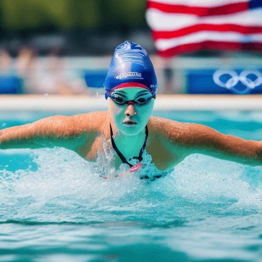 AI generated: an olympics woman swimmer with "CoNums du TARN" writted on his swimming cap, swimming very fast in a...