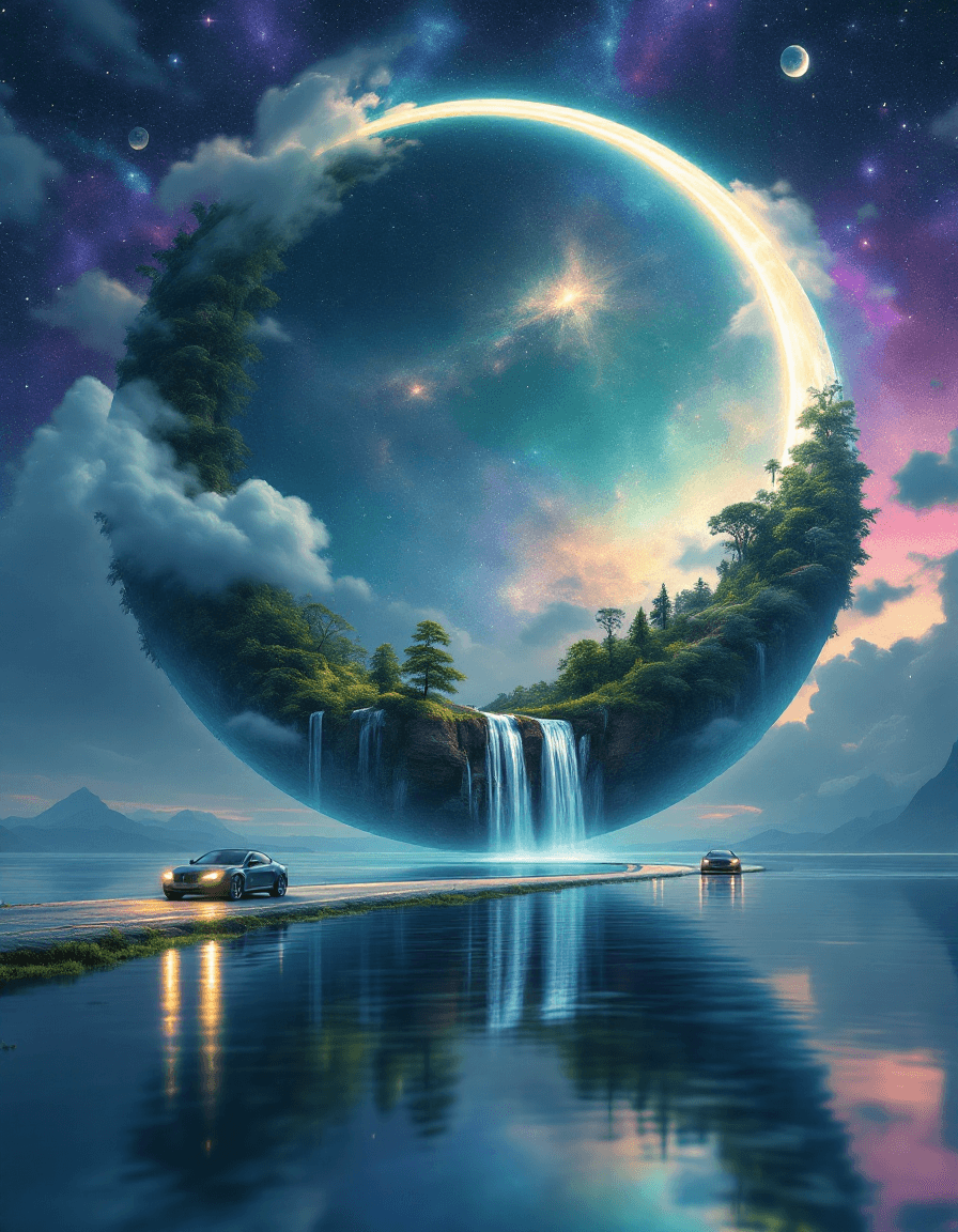 AI generated: A breathtaking and surreal digital painting of a colossal crescent moon suspended in a vibrant, nebu...