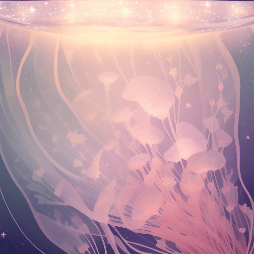AI generated:  Detail with 6 beautiful delicate flowers, which are transparent and translucent like jellyfish in t...