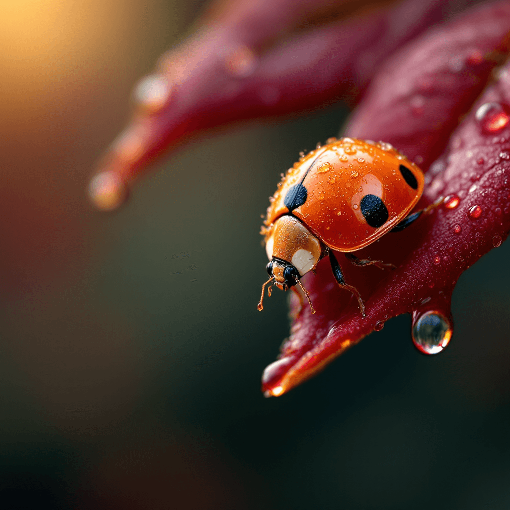 AI generated: Ultra-detailed macro photograph of a vibrant red ladybug perched on the edge of a glistening red lea...