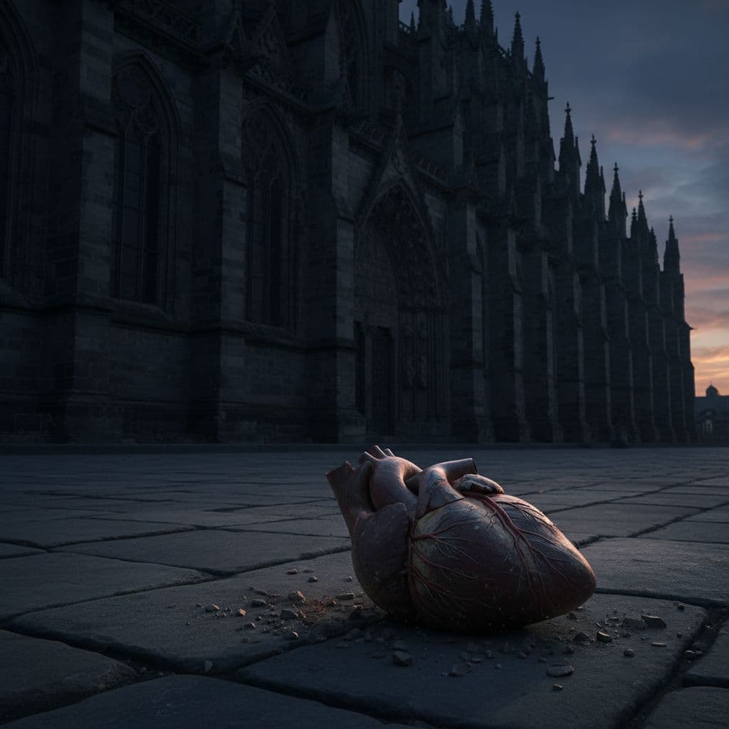 AI generated: realistic cinematic photo of a Gothic cathedral at dusk. 
On the stone pavement in front, a detaile...