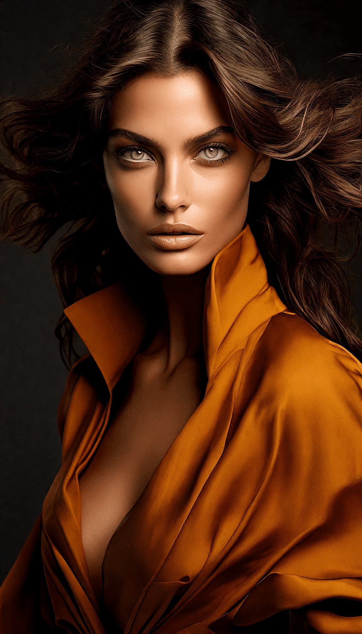 AI generated: Medium shot portrait of  a beautiful model in Donna Karan outfit, fashion shot, amber eyes, editoria...