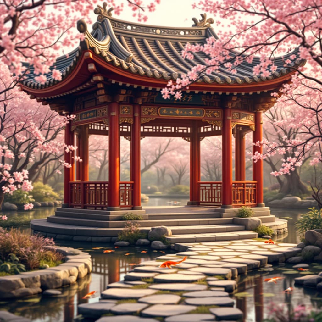 AI generated: A traditional Chinese pavilion with intricate wooden carvings, red pillars, and a curved roof adorne...
