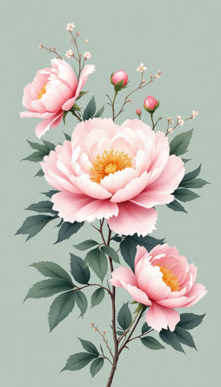 AI generated: Delicate illustration of a blooming pink peony with a pale yellow center surrounded by lush green le...