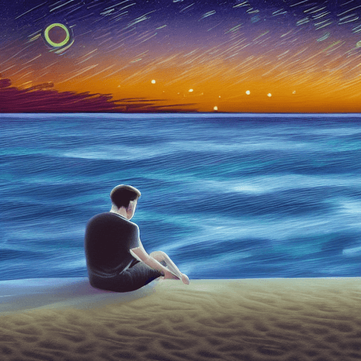 AI generated: a man sitting on beach, watching the sea, starry night, dark theme, a wingull holding side of the ma...