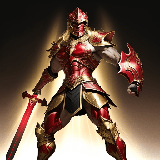 AI generated: A warrior dressed in fierce red and black armor, adorned with a golden helmet, displaying a greatly ...