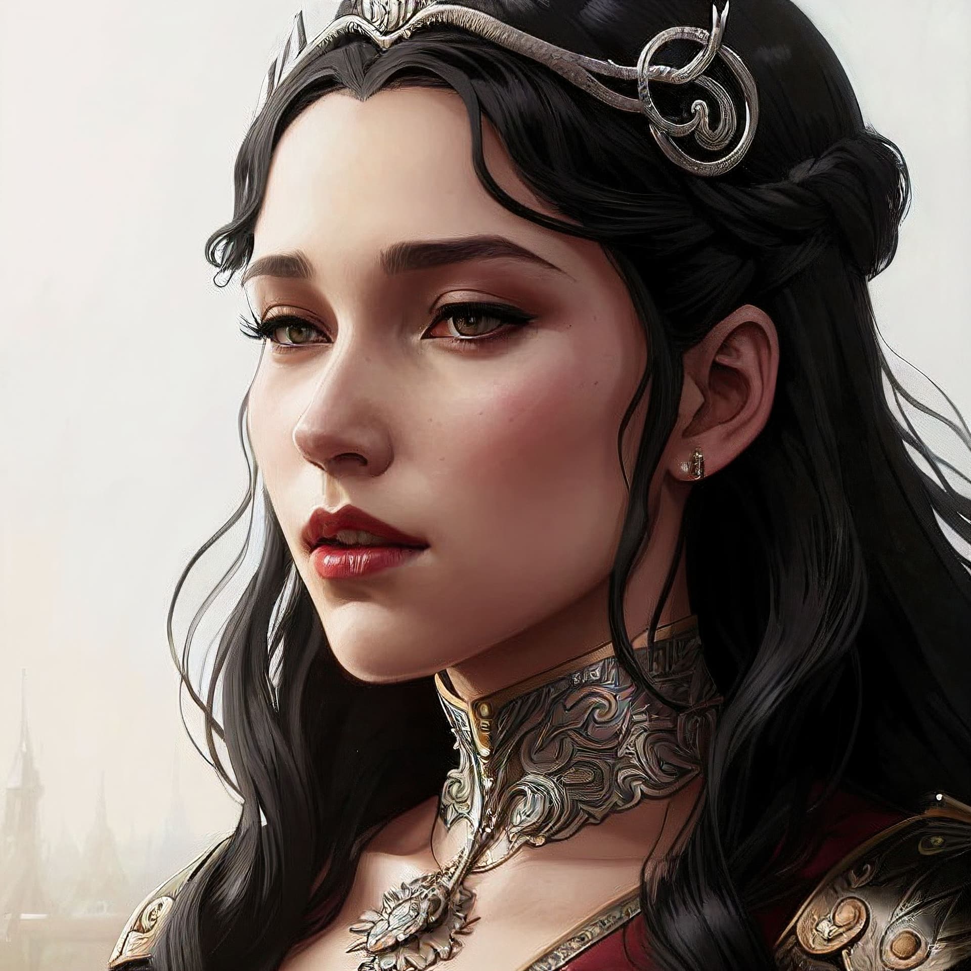 AI generated: gorgeous woman, queen, black hair, game of thrones, red lipstick, fantasy, intricate, elegant, highl...