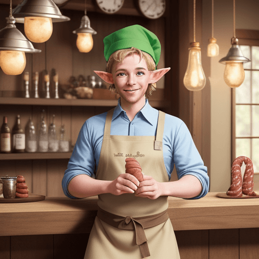 AI generated: smiling fairytale elf 1.5m tall in a chef's hat, an elf cook in an apron, sitting on a bar stool, be...