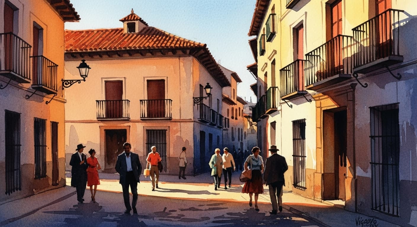 AI generated: Golden Hour Spanish Street in Watercolor Style Viggo Johansen, focusing on atmospheric light and vib...