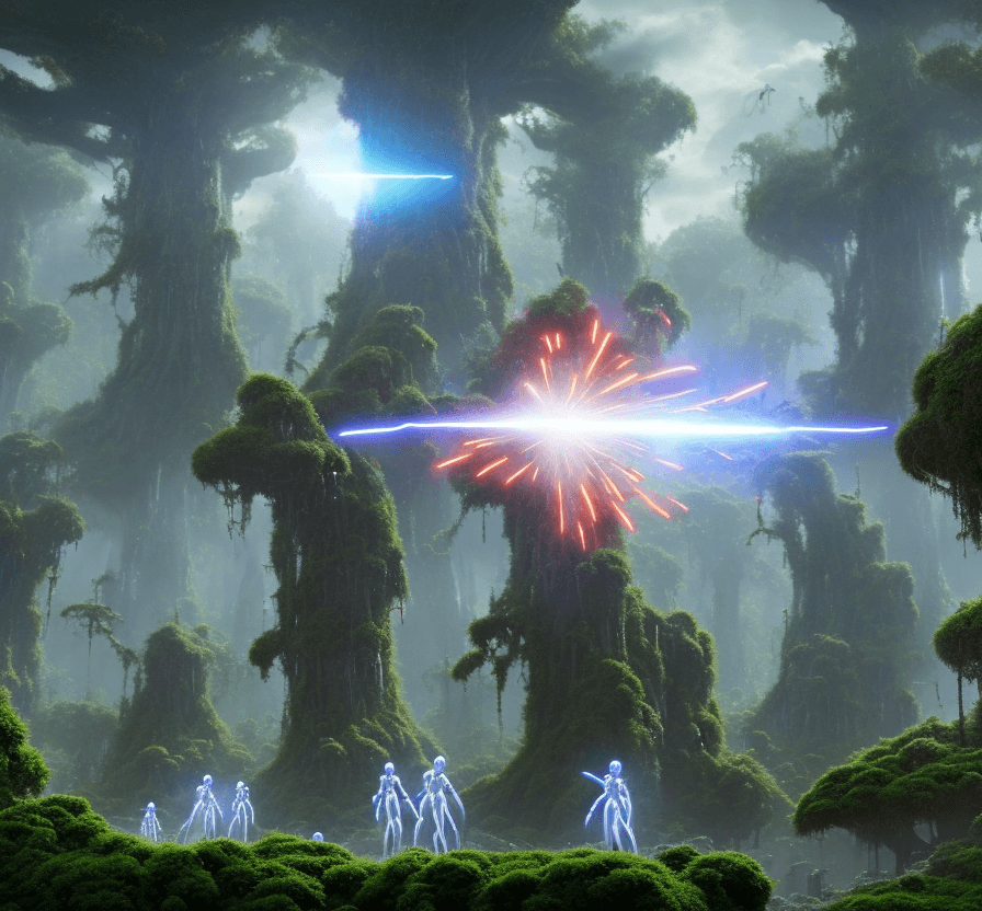 AI generated:  numerous iron and white humanoid female robots are fighting aliens in a rain forest planet planet ....