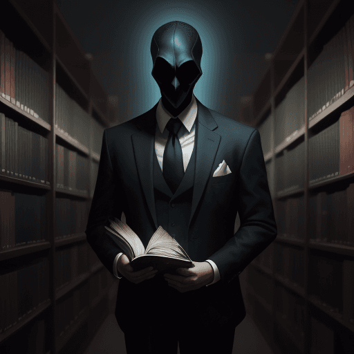 AI generated: shadowy figure in suit with a book in his hand at the library, by night <lora:xl_more_art-full_v1:0....