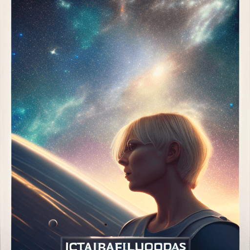 AI generated: A starfield sci-fi poster of female characters with short blond straight hair, looking towards camer...