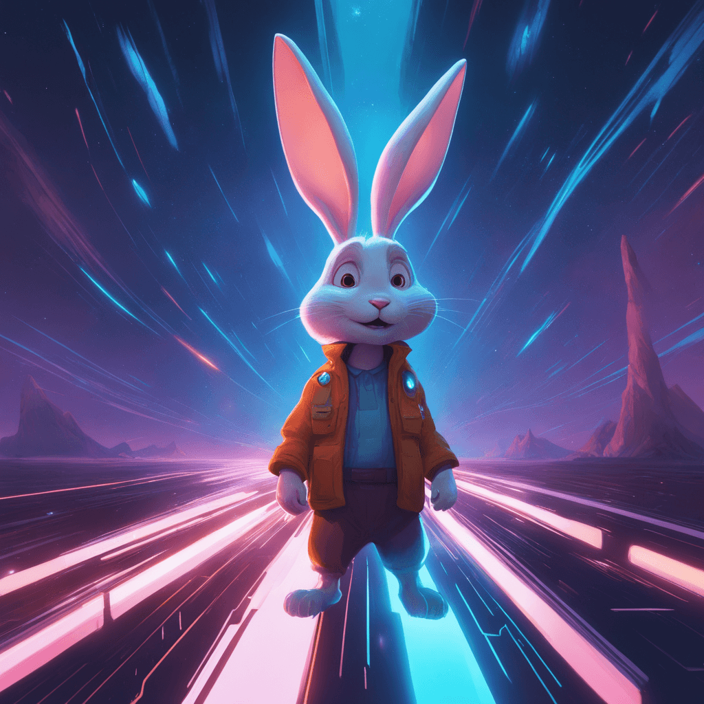 AI generated:  A rabbit happy cartoon image, Pixar Style, outer space, vanishing point, super highway, high speed,...