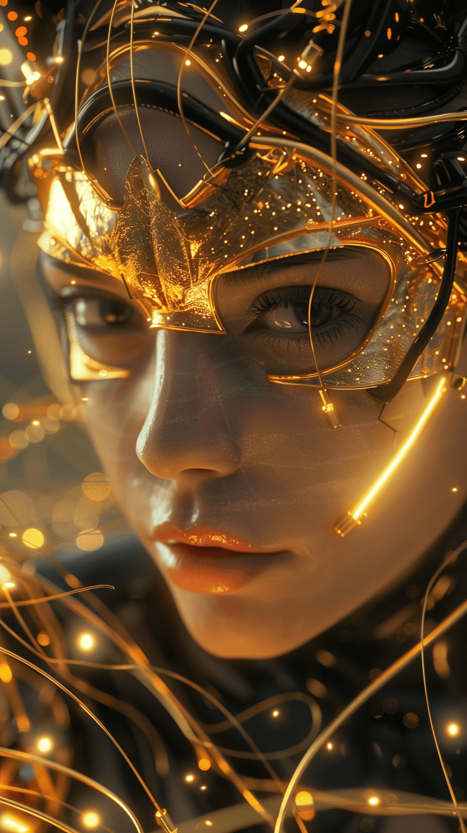 AI generated: woman wearing a cyberpunk style shiny gold helmet with robotic features, the reflection on her face ...
