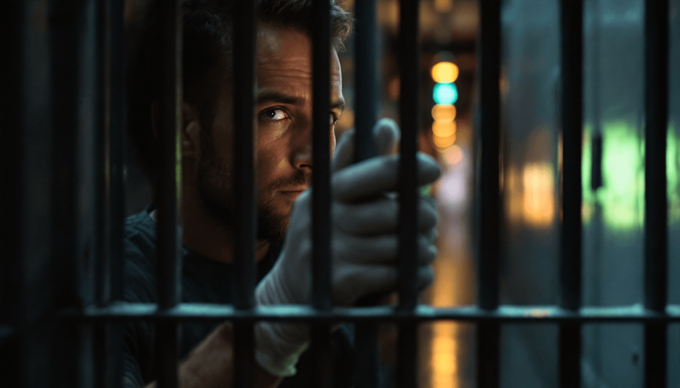 AI generated: prison corridor, cell bars, a man stands near the bars and looks through the keyhole, the man has ha...