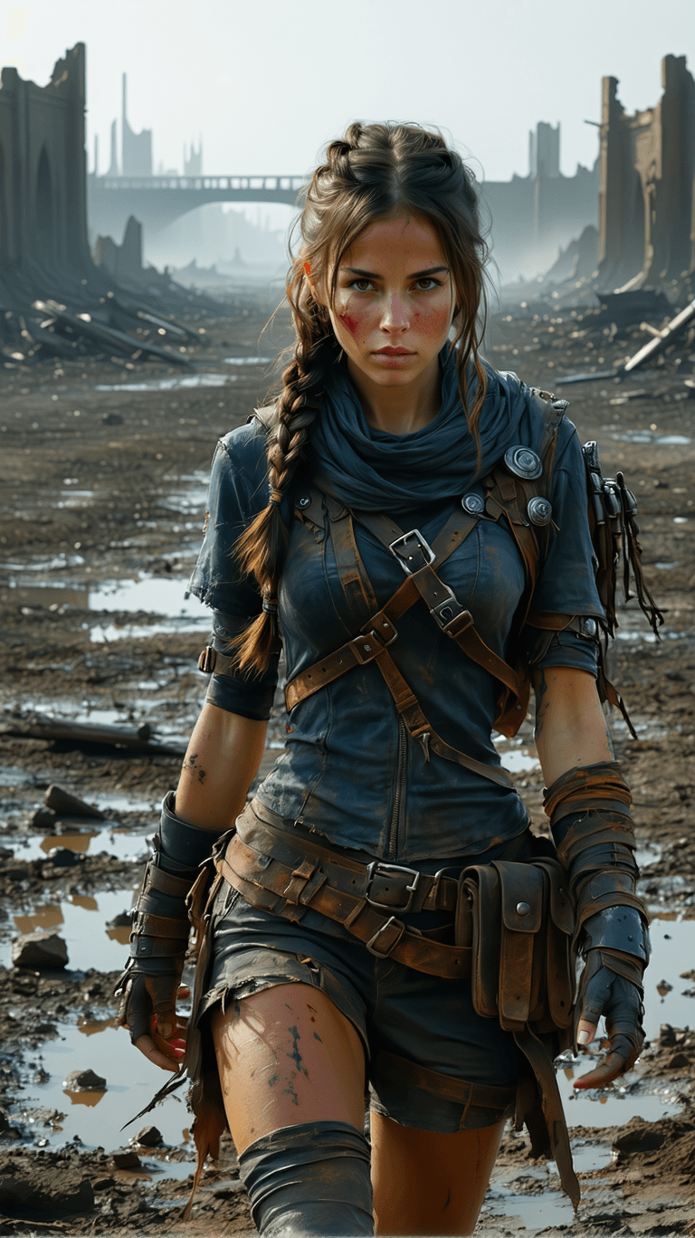 AI generated: A resilient wasteland scout, with weathered skin, a determined gaze and hair braided with found obje...