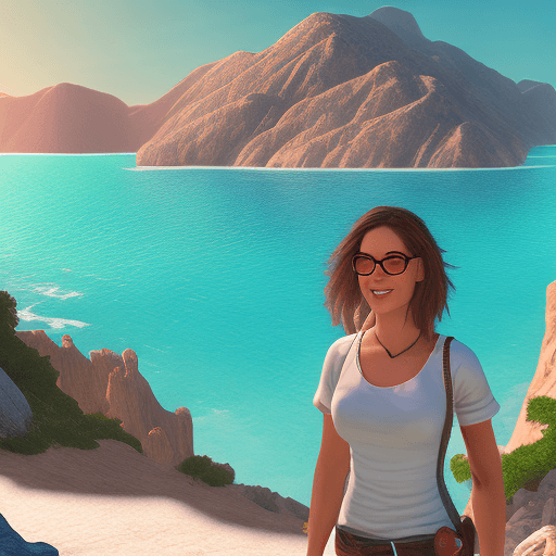 AI generated: Woman guide that making tours in Albania with toursit on beaches, mountains, sea, caves, intricate a...