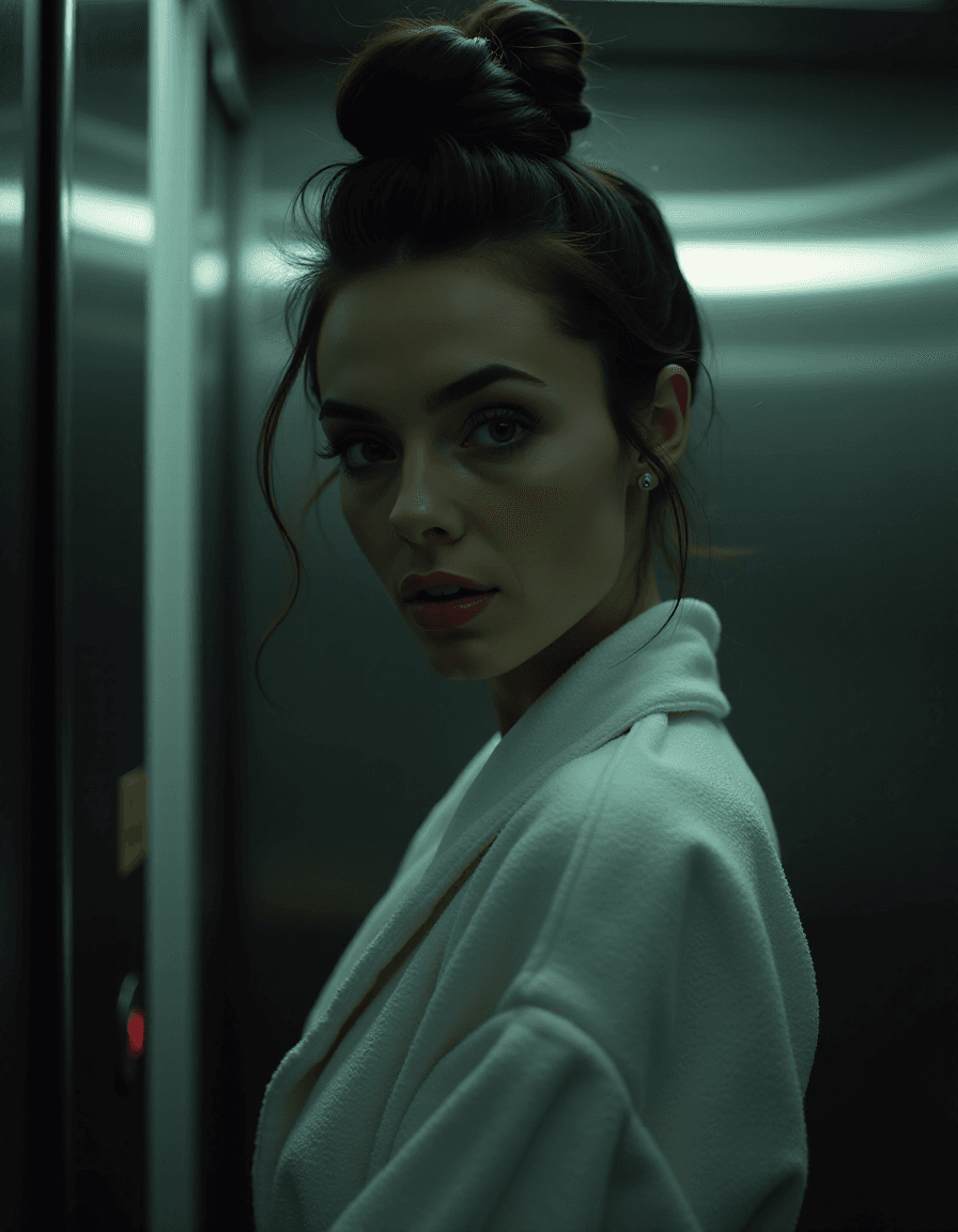 AI generated: woman, bathrobe, deep set eyes, bun hair, playful gaze, mouth open a bit, hyperdetailed skin, slate ...